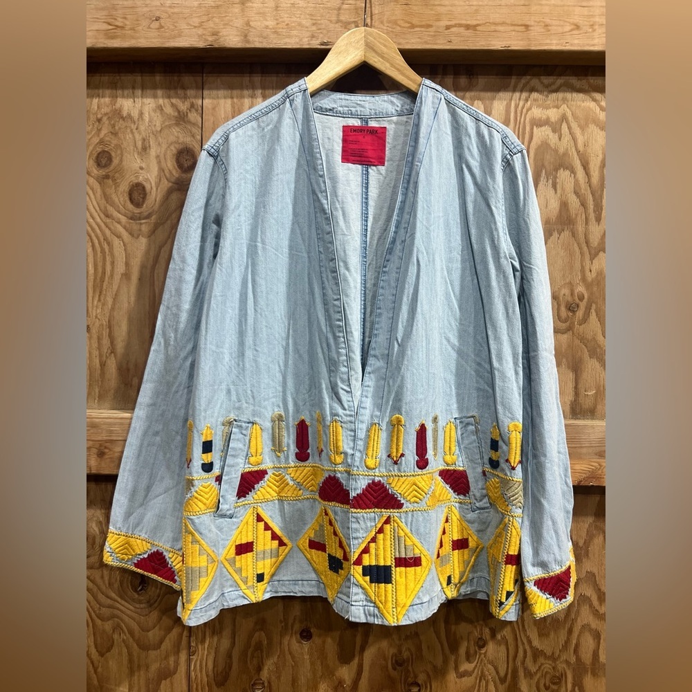 Emory Park Chambray Embroidered Open Front Cardigan Duster Colorful Size S